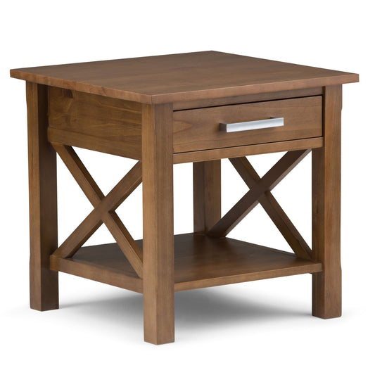 A medium-sized square end table with a drawer, featuring a saddle brown finish and visible grain texture.