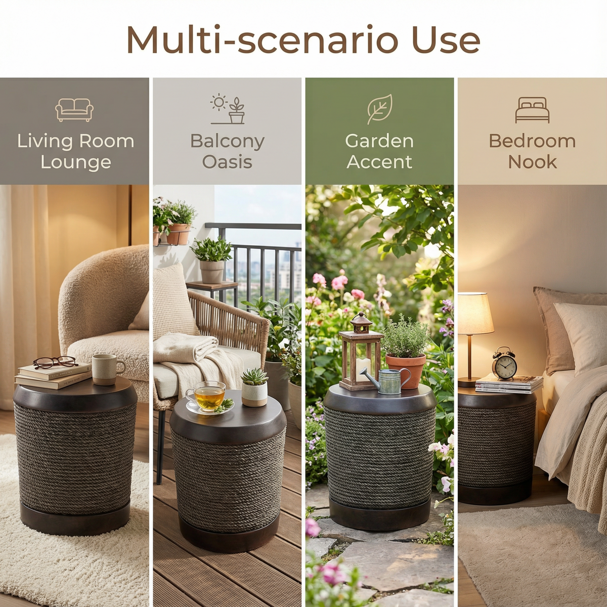 Four images showing a dark brown round side table with a rope-textured top in different indoor and outdoor settings.