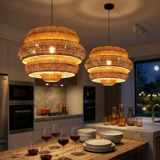 3-layered rattan drum pendant lights in a warmly lit kitchen