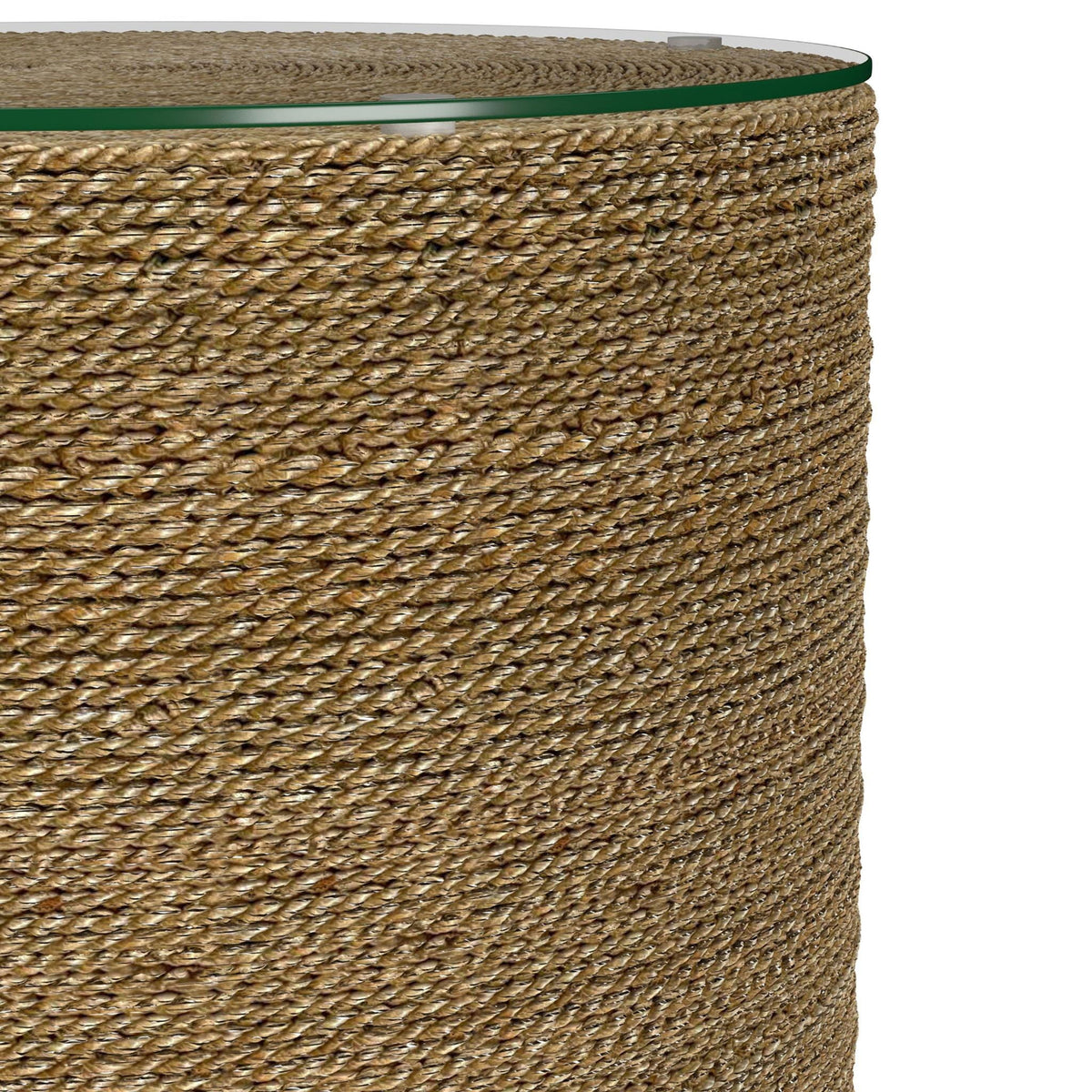 Close-up of a round side table with braided natural fiber top and transparent glass edge, light brown color.