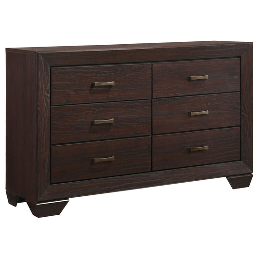 Dark wood dresser with six drawers and metal handles