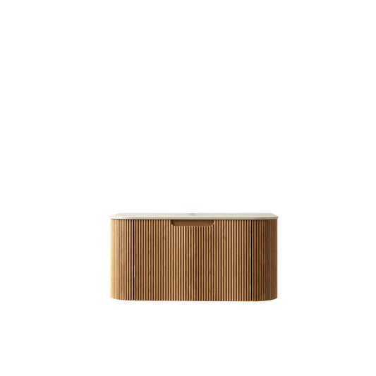 A wall-mounted plywood cabinet with a textured surface, light beige top, and natural wood finish.