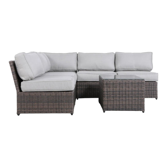 4-Person Wicker Outdoor Seating Set with cushions, grey woven texture, grey cushions, white background