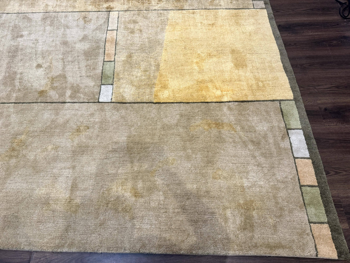 Vintage Wool Tibetan Rug Hand-Knotted Block Field, beige and soft yellow, view 10
