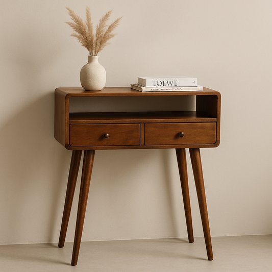 A solid wood mini console table with 2 drawers and 1 open slot, showcasing natural finish and dark wood color. Minimalist decor with a vase and books placed on top in a neutral setting.