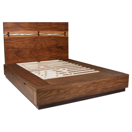 A wooden queen storage bed in Smokey Walnut finish with a minimalist design, showing slats and a raised storage base.