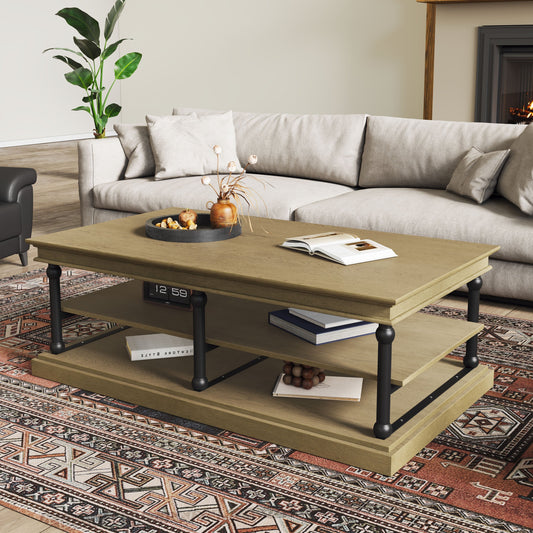 55.1' Wooden Coffee Table with Black Legs and Open Storage Shelves, placed in a living room with a sofa and an ornate rug.