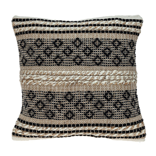 Beige jute throw pillow with black geometric pattern edge, neutral setting