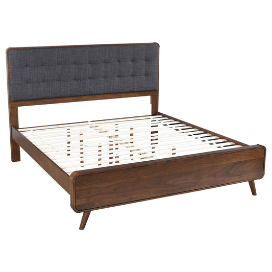 Robyn Wood Eastern King Platform Bed with dark walnut finish and blue upholstered headboard on white background