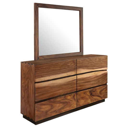 Wooden dresser with mirror, Smokey Walnut finish, 6 drawers, natural setting