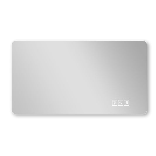A rectangular mirror with a reflective surface; silver frame, smooth finish;