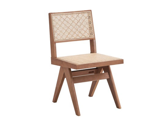 A wooden rattan chair with woven backrest and seat, viewed from the side.