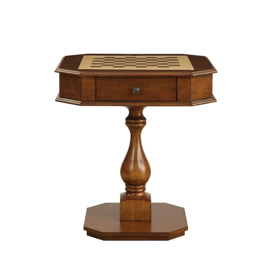 Oval wooden pedestal table with a chess checker game table surface and hidden drawer beneath