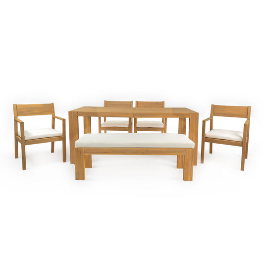 Teak Wood Outdoor Dining Set with Two Chairs, One Bench, and a Rectangular Table with Umbrella Hole. Off-white cushions.