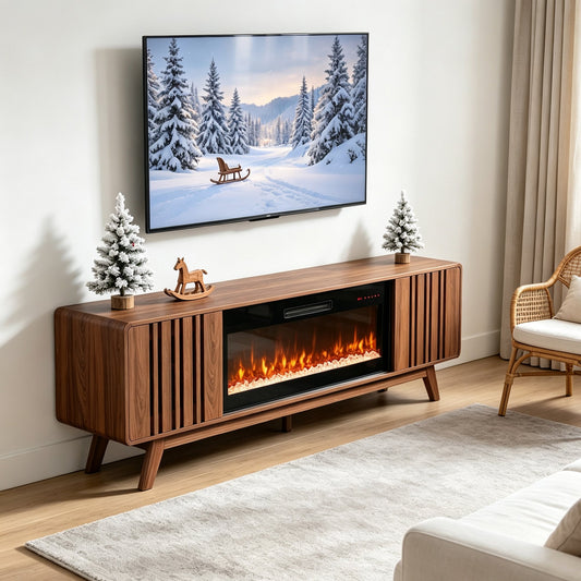A mid-century modern electric fireplace TV stand with wooden slatted front, topped with a mounted flat screen TV, surrounded by holiday decor and placed in a living room.