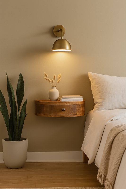 Wooden nightstand with a vase and books, wall-mounted with a gold light above, in a bedroom setting with a potted plant and bed in white bedding.