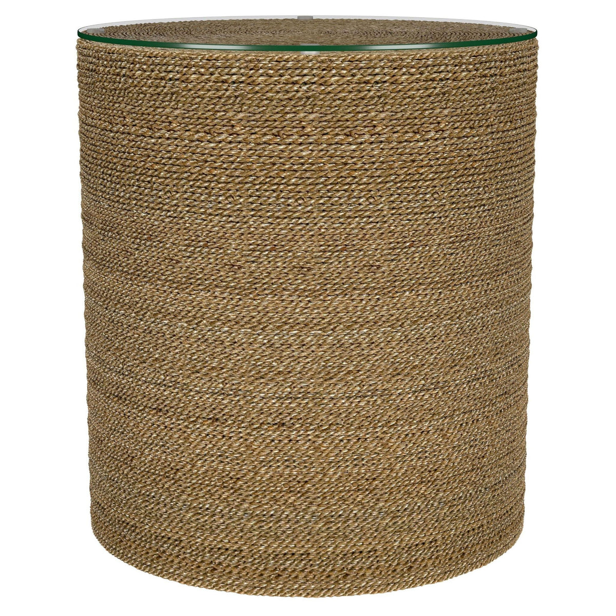 A woven round side table with a light brown finish and a glass top, likely made of reed or straw.