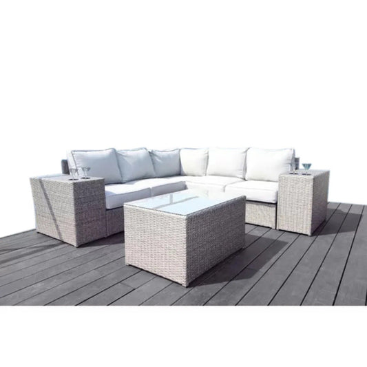 Pre-Assembled 4-Piece Rattan Wicker Outdoor Seating Group on a wooden deck with white cushions