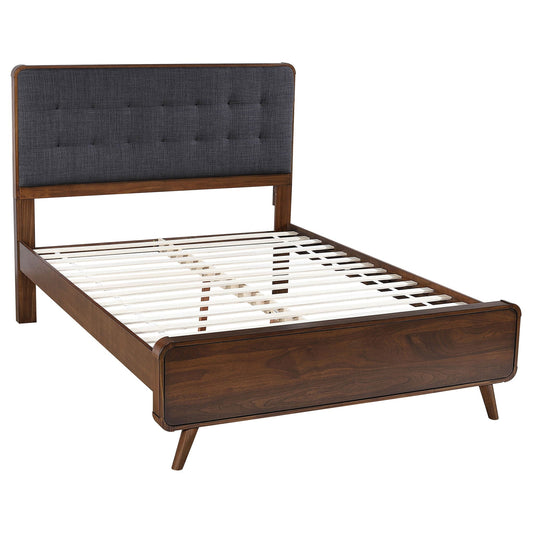 Dark walnut wooden queen platform bed with upholstered headboard, white slatted mattress support, simple setting