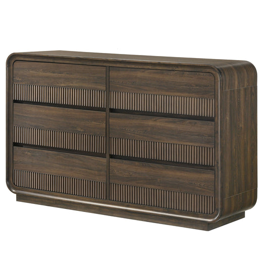 Rounded-edged dresser with 6 drawer storage, wood finish, dark brown hue. No visible watermark or text.