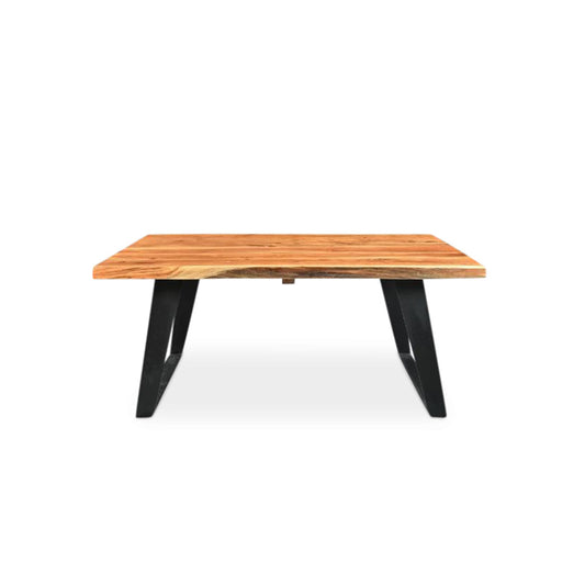 A rectangular solid wood coffee table with live edge and metal legs, light brown with natural wood grain, against a white background.
