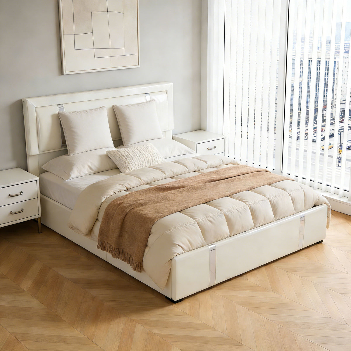 Upholstered Bed Frame with Adjustable LED Headboard