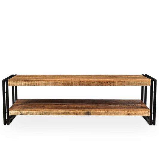Reclaimed wood and metal bench with a shelf, light brown wood and black metal frame.
