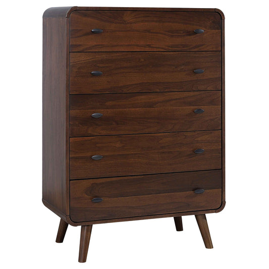 Dark walnut 5-drawer chest of drawers with metal knobs and spindly legs.