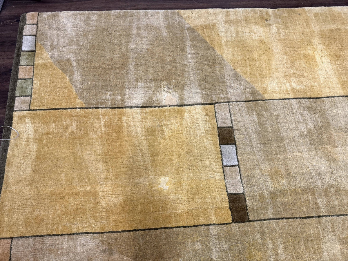 Vintage Wool Tibetan Rug Hand-Knotted Block Field, beige and soft yellow, view 7