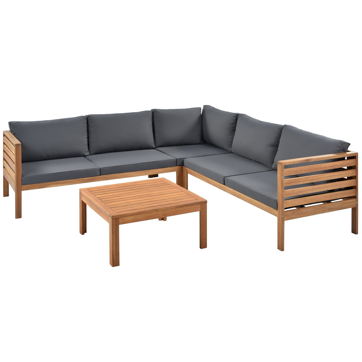 Wood outdoor sectional sofa set with gray cushions and slatted arms, supplier photo
