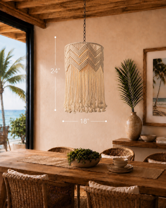 Macrame pendant light hanging from ceiling measuring 24 inches tall and 18 inches wide.