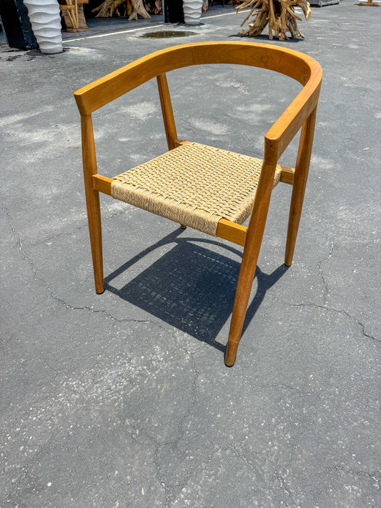 Teak dining chair with woven rope seat, light brown wood, natural fiber seat.,