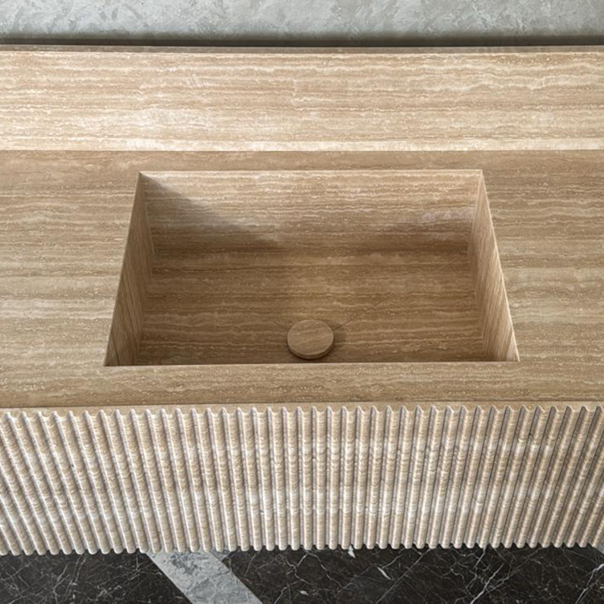 Beige Travertine Handmade Vessel Sink - Vein Cut Natural Stone