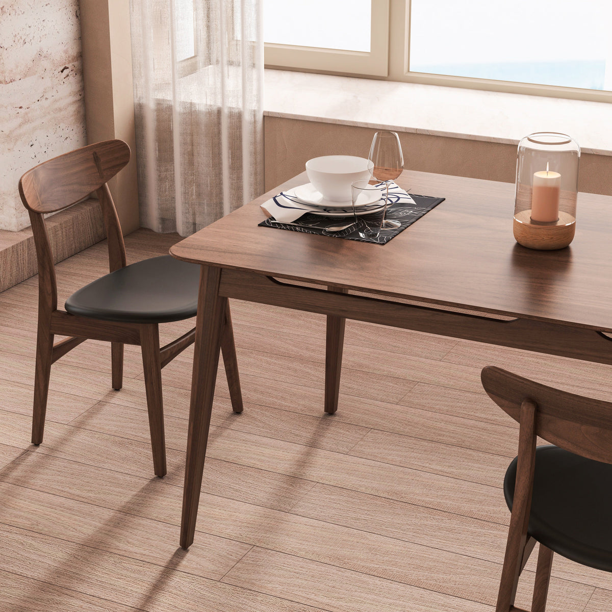 Solid Walnut Dining Set Tapered Legs Leather Seats, walnut, view 5
