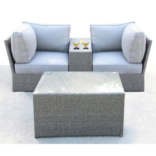 2-Person Wicker Seating Set with Cushions, grey wicker seating with light grey cushions, minimalist outdoor setting with a textured coffee table