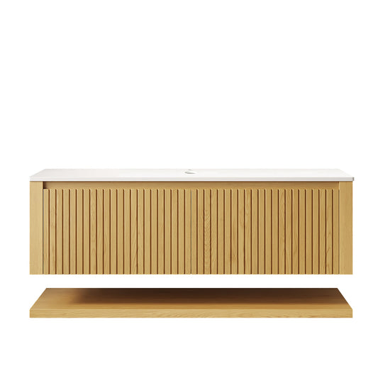 Wooden wall-mounted shelf with a slatted design and white top, floating against a white background.