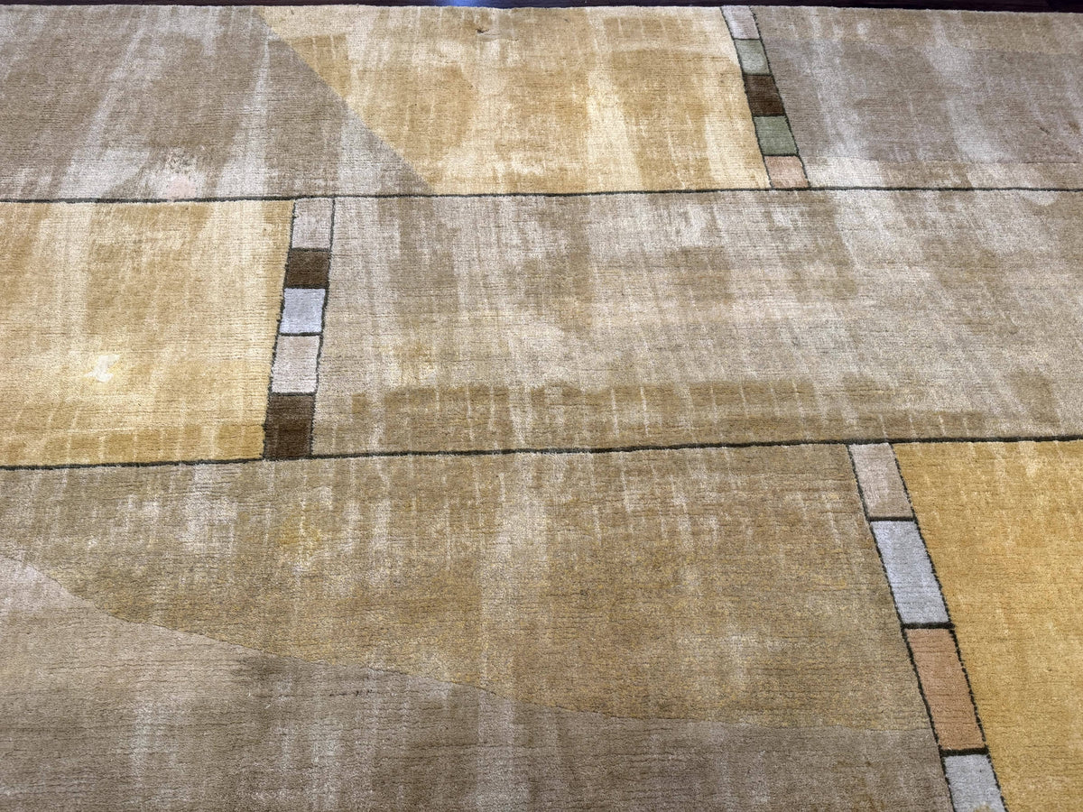 Vintage Wool Tibetan Rug Hand-Knotted Block Field, beige and soft yellow, view 4