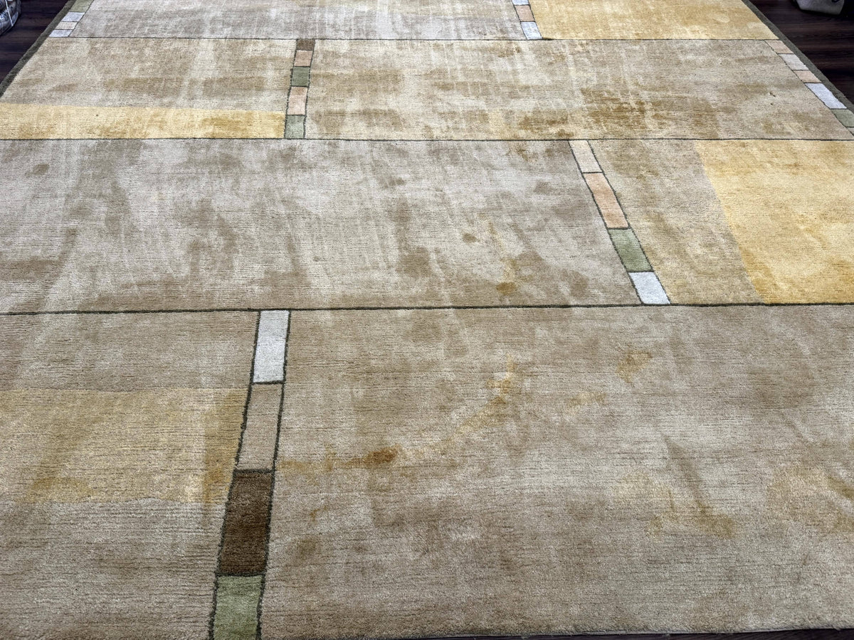Vintage Wool Tibetan Rug Hand-Knotted Block Field, beige and soft yellow, view 6