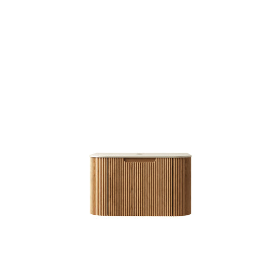 A wall-mounted plywood cabinet with a striped pattern and light-colored top against a plain background