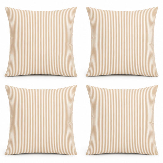 Four beige and cream striped pillow covers with a thin stripe pattern