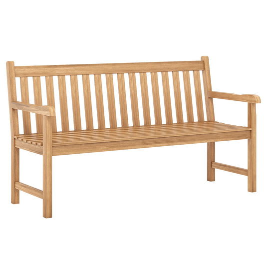 A 62-inch teak outdoor porch bench with vertical slats and armrests, light brown color, against a white background.