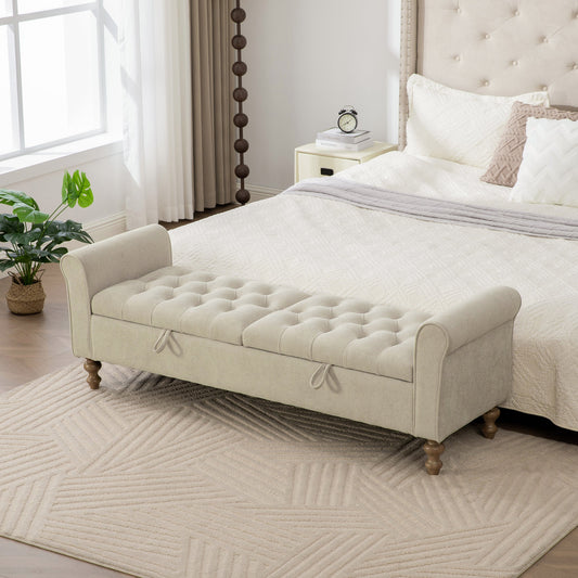 65.75" Beige Upholstered Storage Bench with Double Lids in a cozy bedroom setting