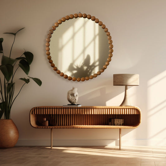 Decorative round hanging wall mirror with bead design frame in natural wood finish, placed above a wooden console table in a naturally lit room.