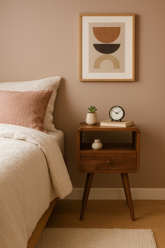 ```json
{"alt":"A solid wood bedside table with a single drawer, chestnut finish, placed beside a bed with light bedding. A framed artwork and decor items are o