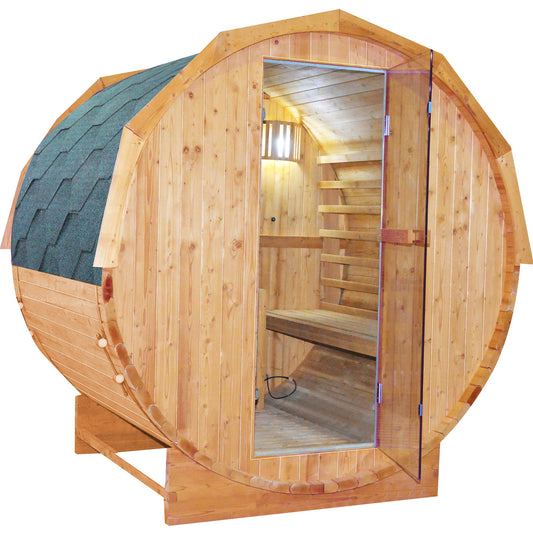 Circular wooden sauna with a shingled roof and glass door, inside wooden steps and seating visible