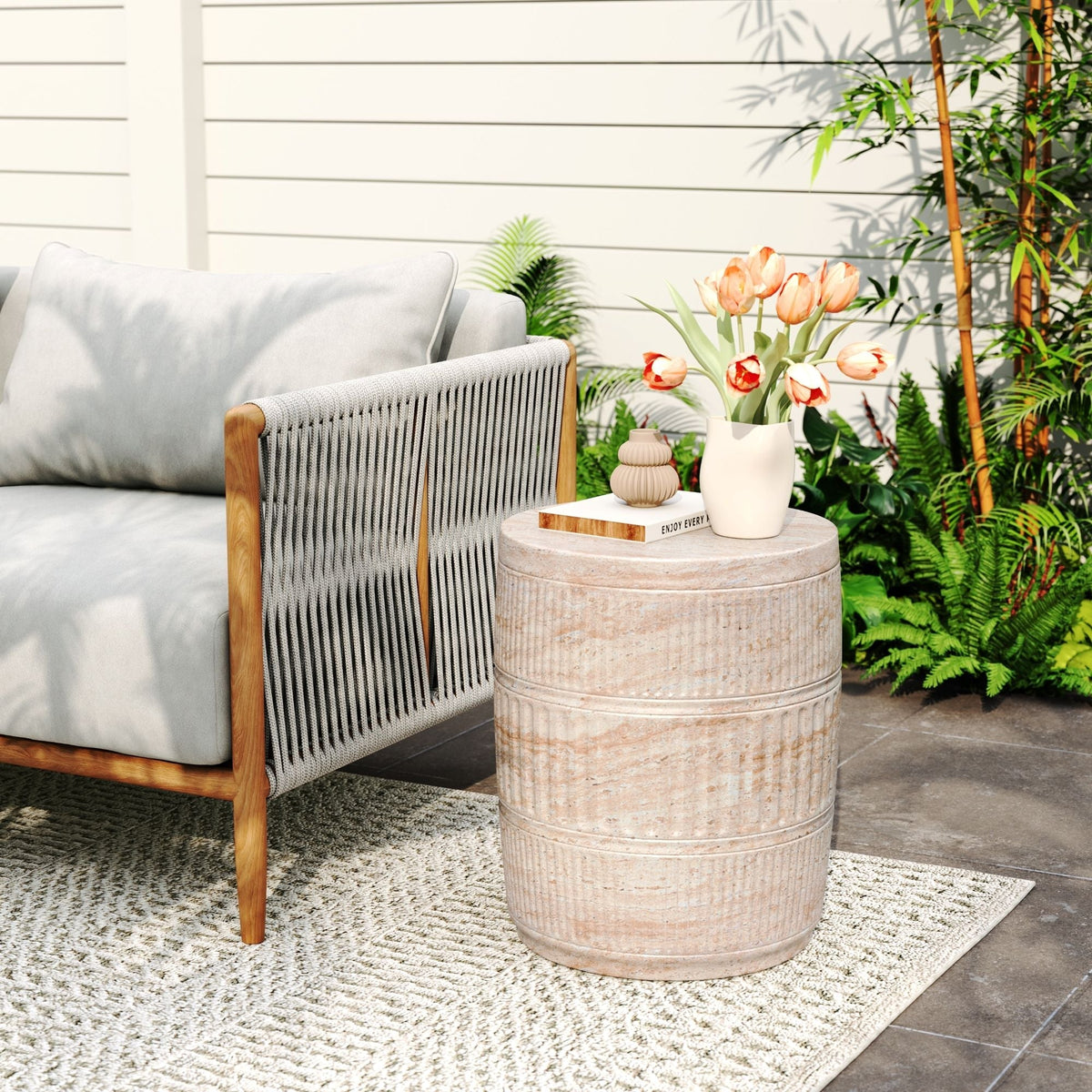 Lightweight Concrete Side Table with Travertine