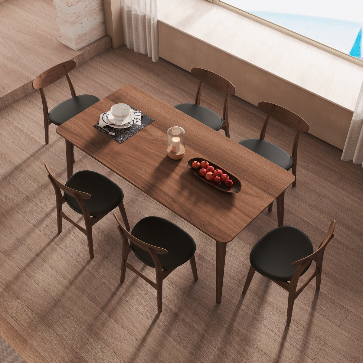 Solid Walnut Dining Set Tapered Legs Leather Seats, walnut