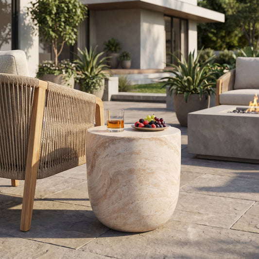 Tapered barrel-shaped concrete side table on stone patio with drinks and fruit, surrounded by outdoor furniture and potted plants