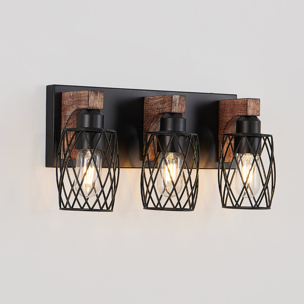 Industrial Wood Accented Cage Wall Sconce