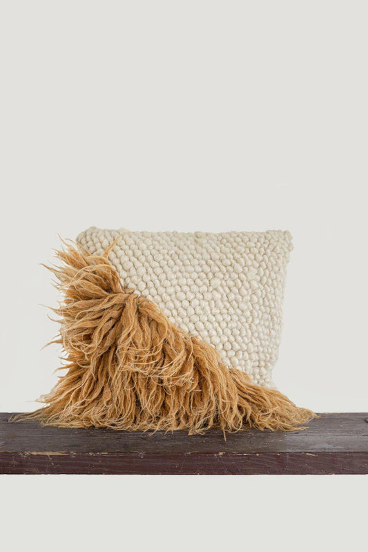Pillow 'Forest' - Bark with cream textured fabric and tan fringe on wooden surface